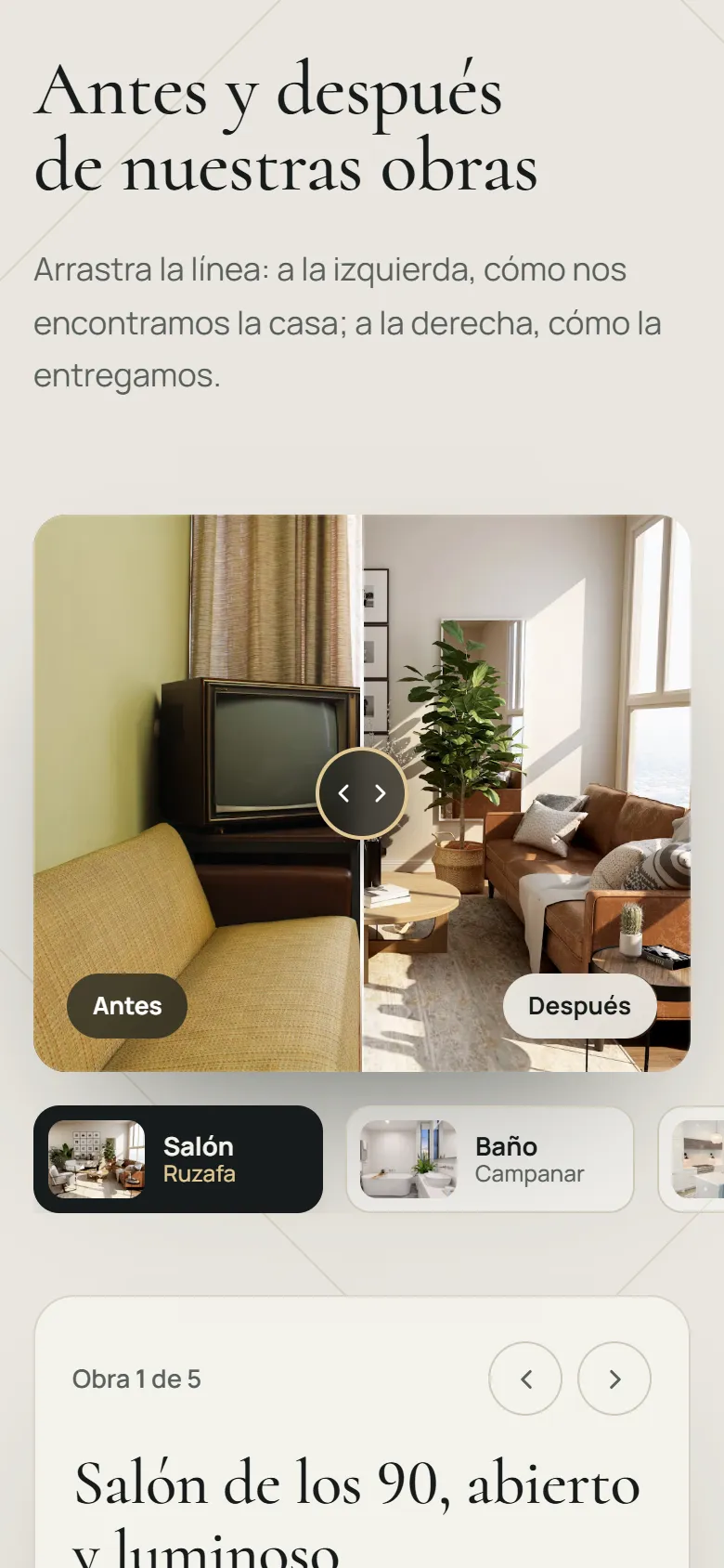 La misma web en un móvil: comparador de antes y después de un salón.